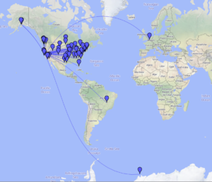 Map of the world showing radio contacts